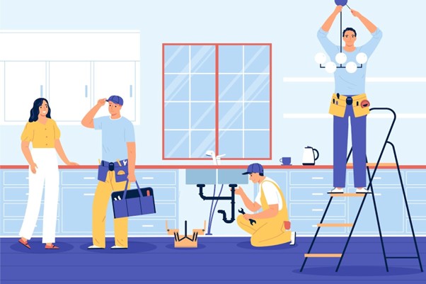 Kitchen remodeling team working on renovation project in a modern home.