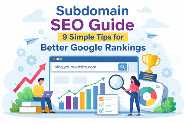 Illustration of a subdomain SEO guide showing analytics dashboard, keyword growth chart, and website URL with improving Google rankings