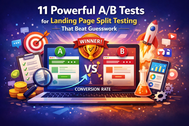 A/B testing dashboard showing two landing page variations with a winning result and conversion graph.
