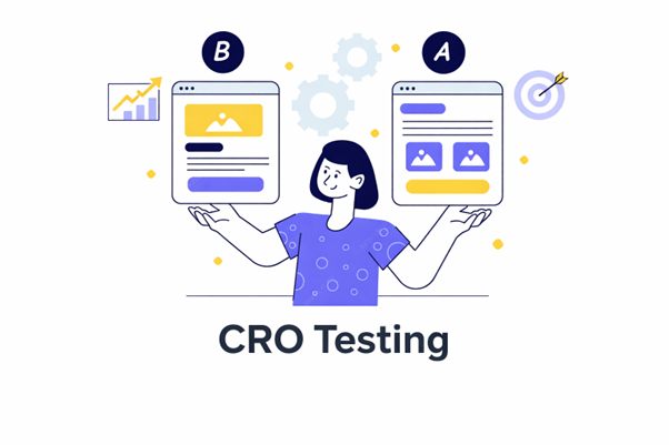 CRO testing concept with data analytics and conversion growth.