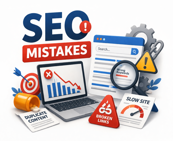 SEO mistakes illustration showing declining website performance due to technical SEO issues and poor optimization.
