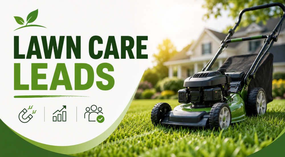 Hero image of a lawn mower on a freshly cut lawn promoting lawn care lead generation.