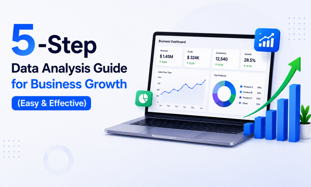 Laptop showing business analytics dashboard for a 5-step data analysis guide